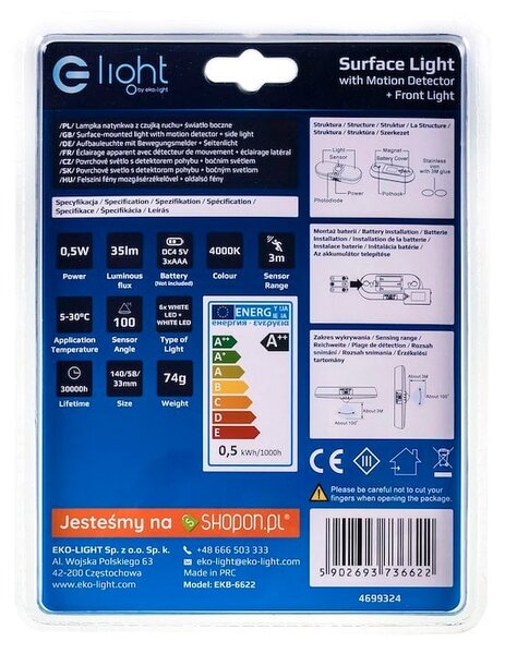 Nástenné LED svietidlo, 1x LED 0,5w 4000k, w, pohybový senzor