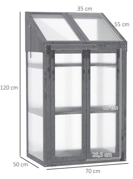 OUTSUNNY Polykarbonátový mini skleník s tromi policami 70 x 50 x 120 cm sivý