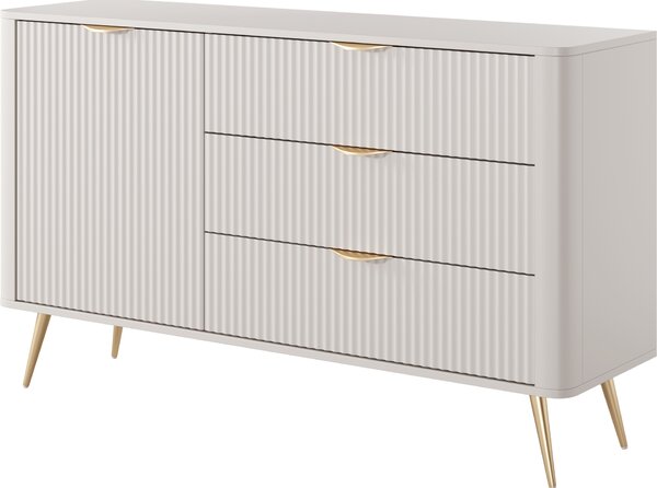 Komoda: 3 zásuvky, 1 dvierka, materiál: kašmír, zlaté nožičky, rozmer: 138 cm (výška), 2 x 81 cm (šírka), 2 x 38 cm (hĺbka)