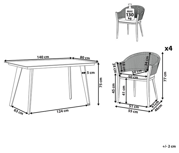 Záhradná jedálenská súprava sivá hliník 140 x 80 cm stôl matný povrch 4 stoličky rám s lanovým výpletom a vankúšmi moderný štýl