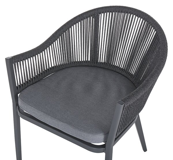 Záhradná jedálenská súprava sivá hliník 140 x 80 cm stôl matný povrch 4 stoličky rám s lanovým výpletom a vankúšmi moderný štýl