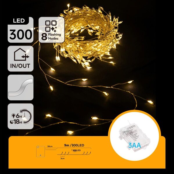 Aigostar - LED vonkajšia vianočná reťaz 300xLED/8 funkcií 3xAA 9,3m IP44 teplá biela