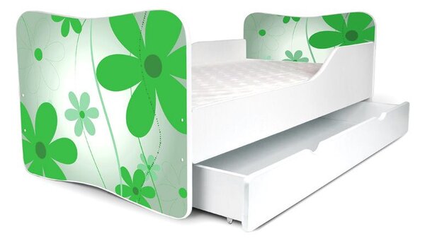 Detská posteľ so zásuvkou KVETY zelené + matrac ZADARMO