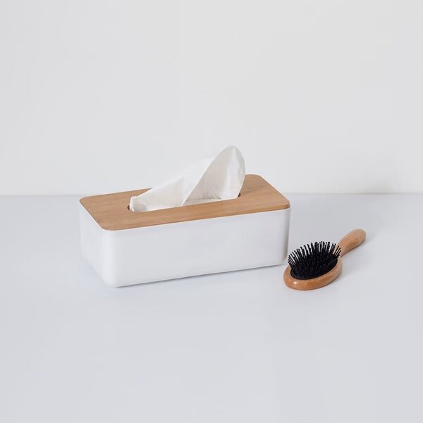 Box na vreckovky Natureo White, 26x9x13 cm, biela/s drevenými prvkami