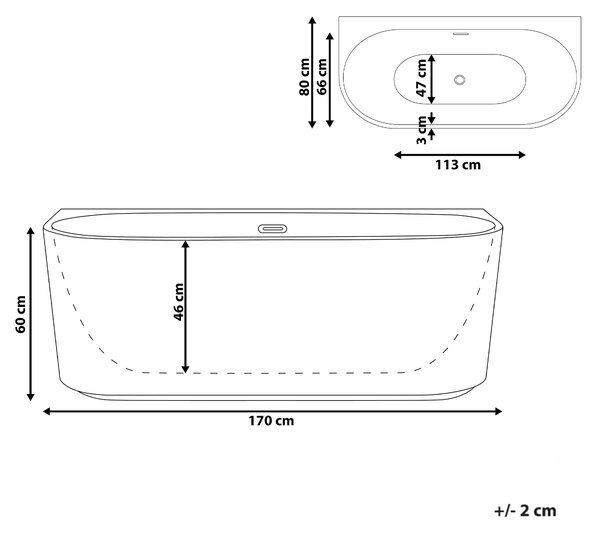 Oválna vaňa k stene matná biela akrylátová 170 x 80 cm drážkovaná povrchová úprava moderný štýl kúpeľňa