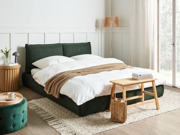 Posteľ tmavozelená polyester látkové čalúnenie 160 x 200 cm lamelový rošt hrubé čalúnené čelo postele moderný štýl spálňa