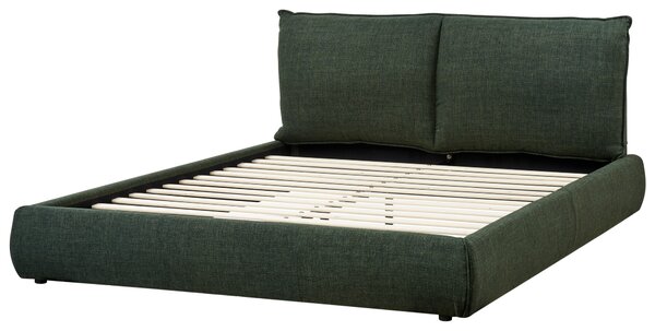 Posteľ tmavozelená polyester látkové čalúnenie 160 x 200 cm lamelový rošt hrubé čalúnené čelo postele moderný štýl spálňa