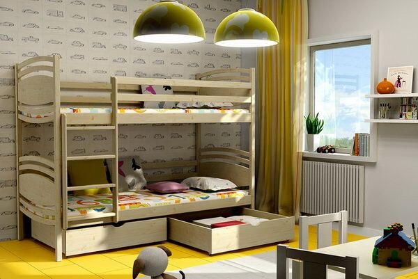 Detská poschodová posteľ z MASÍVU 200x90cm so zásuvkami - PP001