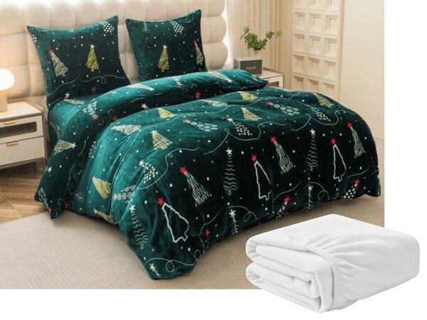 Sada mikroplyšových obliečok CHRISTMAS DRIFT zelené + plachta mikroplyš SOFT 90x200 cm biela, jednolôžko