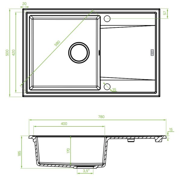 Laveo Megalo, 1-komorový granitový drez 780x500x185 mm, šedá, LAV-SBE_511T