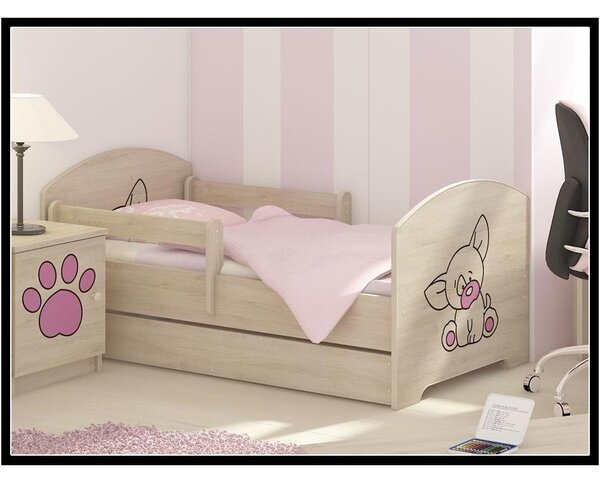 Detská posteľ s výrezom PSÍK - ružová 140x70 cm - DUB SONOMA + matrac ZADARMO!