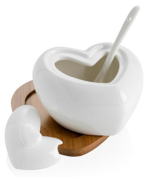 Porcelánová cukornička s lyžičkou a bambusovou podložkou Brandani Heart