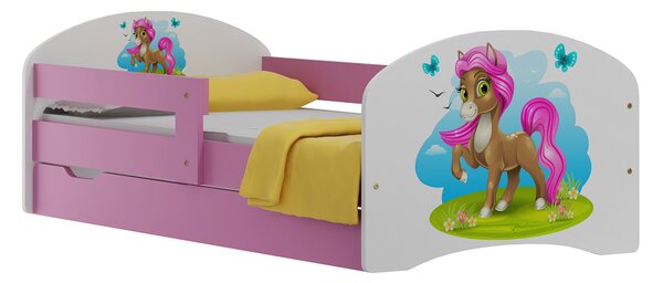 SKLADOM: Detská posteľ so zásuvkami PONÍK s ružovou hrivou 140x70 cm - Biela + fialová