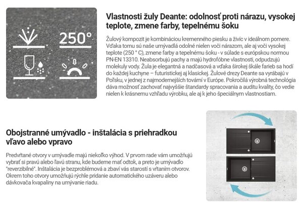 Deante Corrio, 1-komorový granitový drez 670x440x175 mm a drezová batéria s dávkovačom saponátu, grafitová, DEA-ZRCC2113