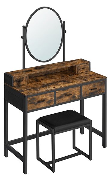 Toaletný stolík s oválnym zrkadlom, 90 x 148,4 x 40 cm, rustikálny hnedý