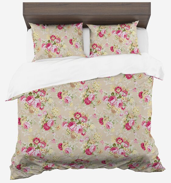 Kvetované béžové vintage posteľné obliečky z mikrovlákna 160 x 200 cm + 2ks - 70 x 80 cm vankúš