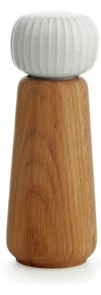 Mlynček z dubového dreva na korenie s bielym detailom z porcelánu Kähler Design Hammershoi, výška 17,5 cm