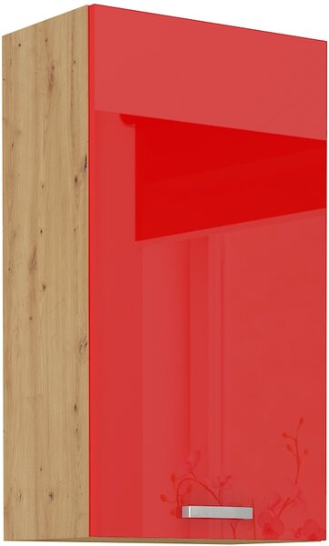 Závesná horná skrinka do kuchyne 50 cm 27 - MYSTIC - Červená lesklá / Dub artisan