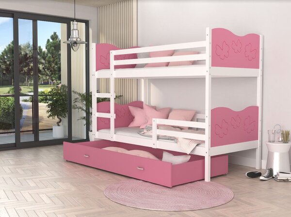 Detská poschodová posteľ so zásuvkou MAX R - 160x80 cm - ružovo-biela - motýle