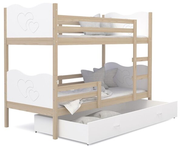 Detská poschodová posteľ so zásuvkou MAX R - 160x80 cm - biela / borovica - srdiečka
