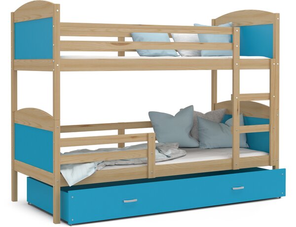 Detská poschodová posteľ so zásuvkou MATTEO - 160x80 cm - modrá / borovica