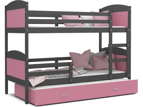 Detská poschodová posteľ s prístelkou MATTEO - 200x90 cm - ružovo-šedá