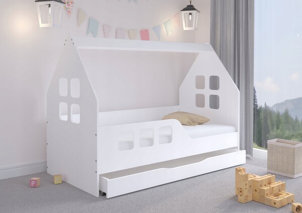 MAXMAX Detská domčeková posteľ KIDHOUSE so zásuvkou - biela - ľavá - 160x80 cm