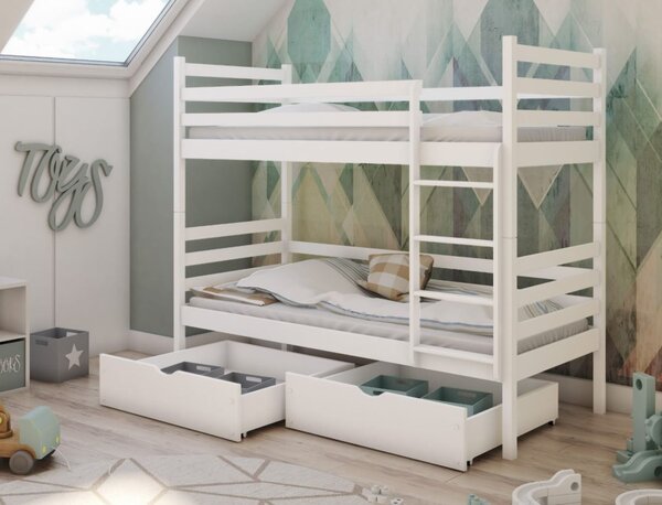 MAXMAX Detská poschodová posteľ z masívu borovice NINA so zásuvkami 200x90 cm - biela