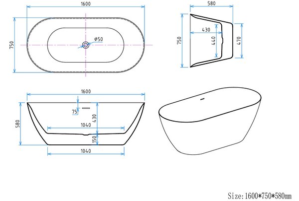 Erga Kaia, voľne stojaca vaňa 160x75 cm + odtoková zátka, biela lesklá, ERG-Kaia-160075-WH-WH