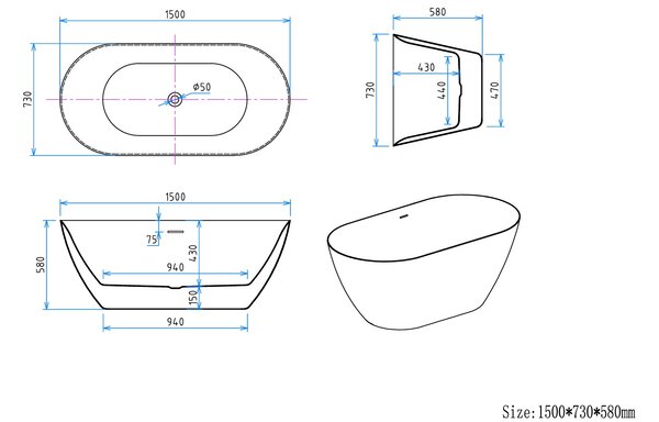 Erga Kaia, voľne stojaca vaňa 150x73 cm + odtoková zátka, biela lesklá, ERG-Kaia-150073-WH-WH