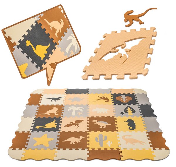 KIK Penová puzzle podložka a ohrádka pre deti, dinosaury, hnedá, 143 x 143 cm