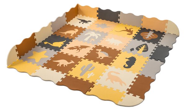 KIK Penová puzzle podložka a ohrádka pre deti, dinosaury, hnedá, 143 x 143 cm