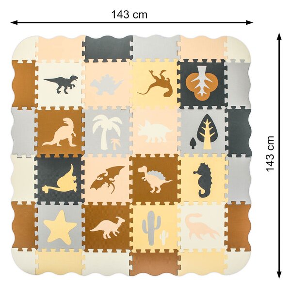 KIK Penová puzzle podložka a ohrádka pre deti, dinosaury, hnedá, 143 x 143 cm