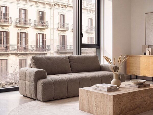 3-miestna pohovka sivobéžová buklé čalúnenie bočné opierky moderný japandi štýl obývacia izba