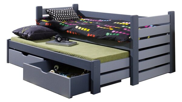 Detská posteľ z masívu borovice MATYÁŠ s prístelkou a šuplíkmi - 200x90 cm - grafit/sivá