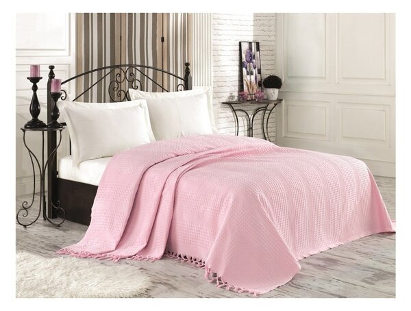 Ružový bavlnený pléd cez posteľ na dvojlôžko Clemence, 220 × 240 cm