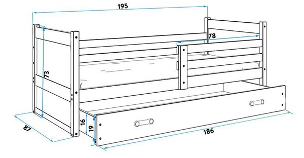 BMS Detská posteľ s úložným priestorom RICO borovica Veľkosť spacej plochy: 200x90 cm, Doplňujúca farba postele: Modrá