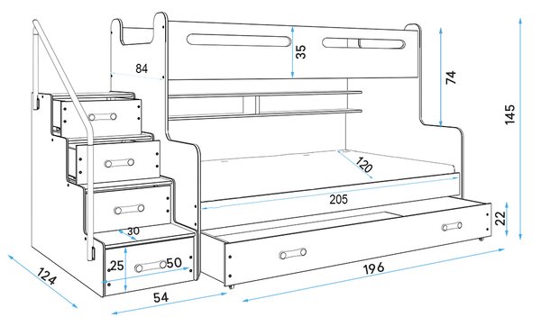 Poschodová posteľ MAX 3 rozšírená 200x120cm - biela - biela