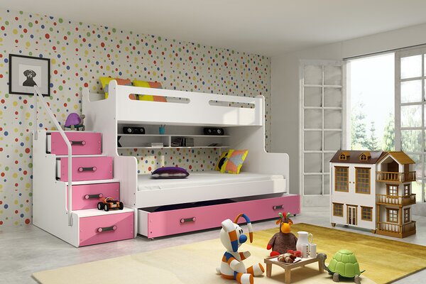 BMS Rozšírená poschodová posteľ s úložným priestorom MAX 3 200x120 biela Doplňujúca farba postele: Ružová