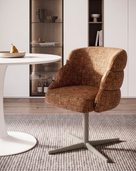 Otočná jedálenská stolička zlatohnedá látkové čalúnenie zaoblené sedadlo mid-century modern štýl kuchyňa jedáleň