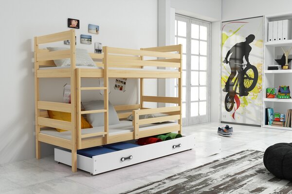 BMS Detská poschodová posteľ s úložným priestorom ERYK borovica Farebné prevedenie šuplíka: Biela, Veľkosť spacej plochy: 190x80 cm