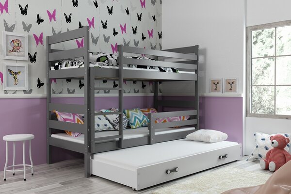 BMS Detská poschodová posteľ s prístelkou ERYK grafit Veľkosť spacej plochy: 200x90 cm, Doplňujúca farba postele: Biela