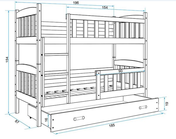 BMS Detská poschodová posteľ s úložným priestorom KUBUS biela Farebné prevedenie šuplíka: Biela, Veľkosť spacej plochy: 190x80 cm