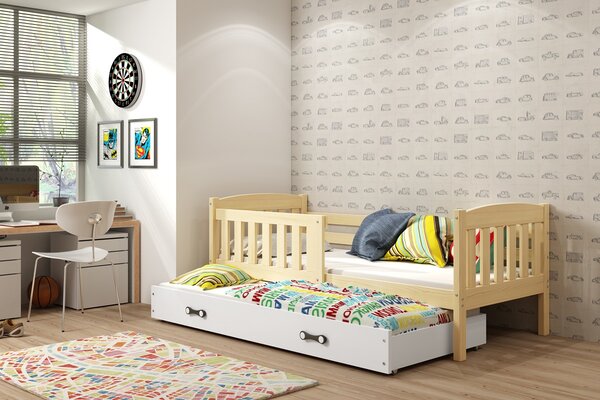BMS Detská posteľ s prístelkou KUBUS borovica Farebné prevedenie šuplíka: Biela, Veľkosť spacej plochy: 200x90 cm