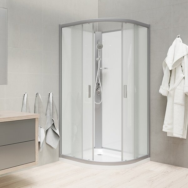 Sprchový box bez strechy, štvrťkruh, 90 cm, R550, profily satin, sklo Point, SMC vanička, chrbát biela