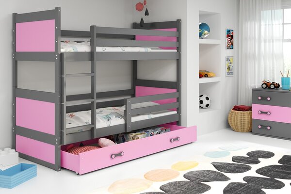 BMS Detská poschodová posteľ s úložným priestorom RICO grafit Veľkosť spacej plochy: 200x90 cm, Doplňujúca farba postele: Ružová