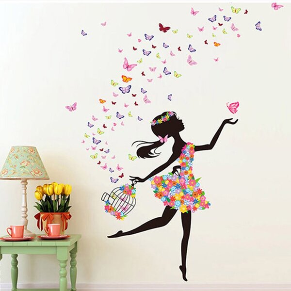 Samolepka na stenu "Dievča s motýľmi s klietkou" 130x170 cm