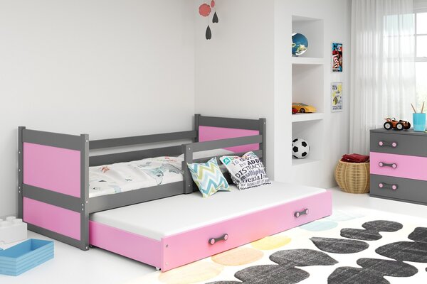 BMS Detská posteľ s prístelkou RICO grafit Farebné prevedenie šuplíka: Ružová, Veľkosť spacej plochy: 200x90 cm