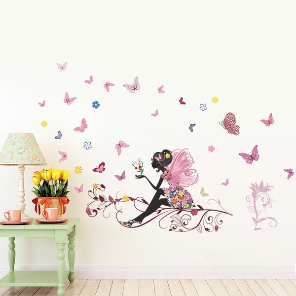 PIPPER | PIPPER. Samolepka na stenu "Dievča s krídlami a motýlmi" 120x80 cm