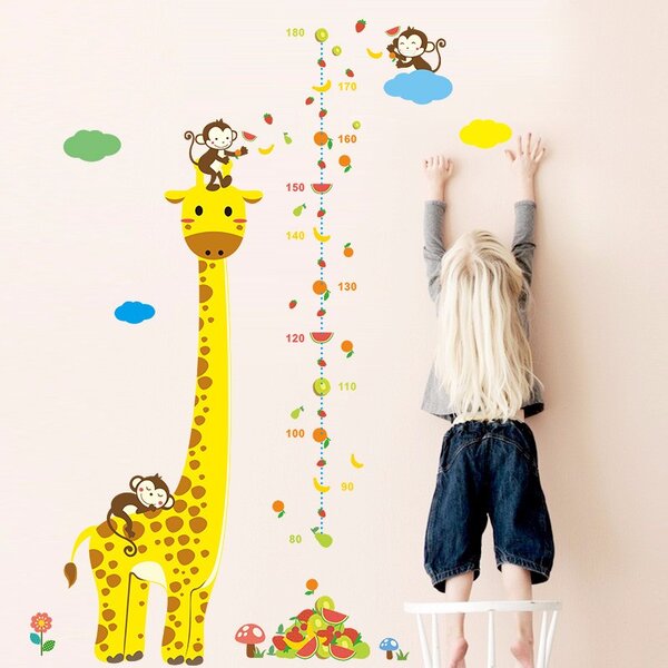 Samolepka na stenu "Detský meter - Žirafa s opičkami" 135x86 cm